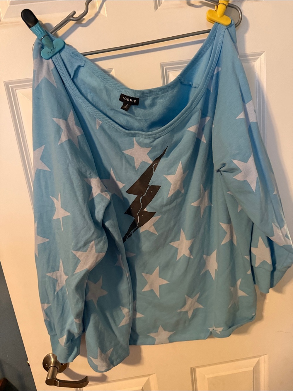 torrid Light Blue Star-Print Off-the-Shoulder Sweater with Black Lightning